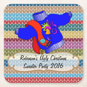 Ugly Christmas Sweater Party Personalized Square Paper Coaster