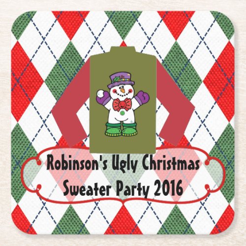 Ugly Christmas Sweater Party Personalized Square Paper Coaster