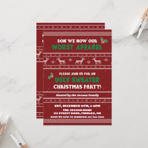 Ugly Christmas Sweater Party Red Green White Invitation