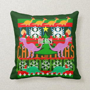 Ugly Christmas Sweater Pattern Cartoon Dinosaurs Throw Pillow