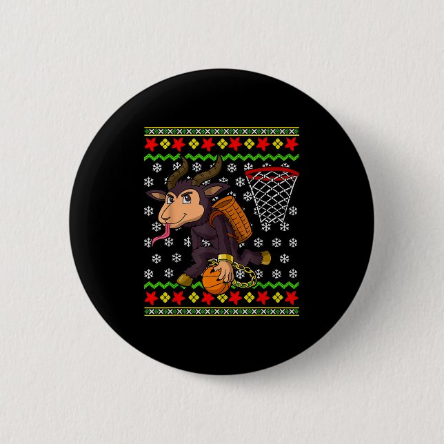 Ugly Christmas Sweater Pattern Kids Krampus Basket Button (Front)