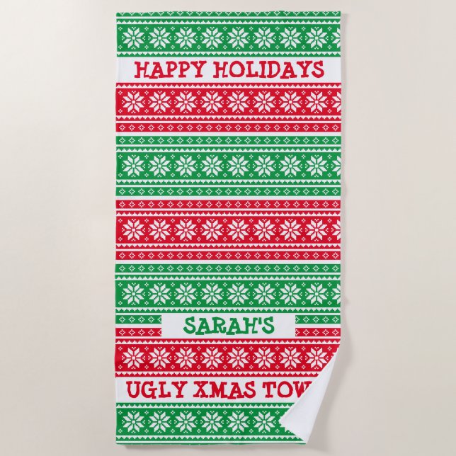 Ugly Christmas Sweater personalized beach towel (Front)