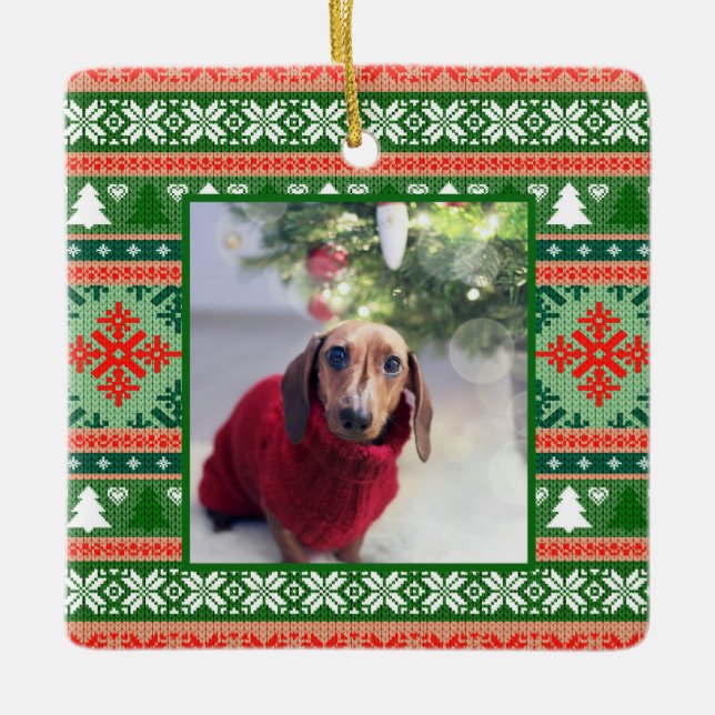 Ugly Christmas Sweater Pet Photo Ceramic Ornament (Front)