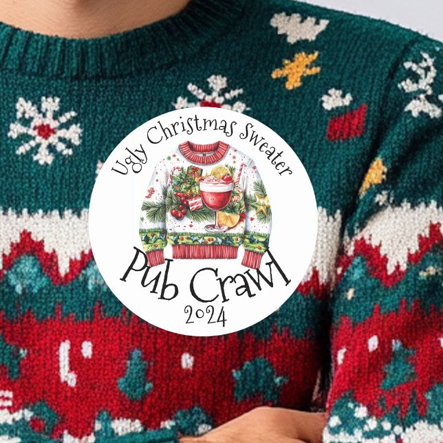 Ugly Christmas Sweater Pub Crawl Activity Drinking Classic Round Sticker (Creator Uploaded)
