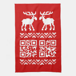Ugly Christmas Sweater QR Code Happy New Year ! Kitchen Towel