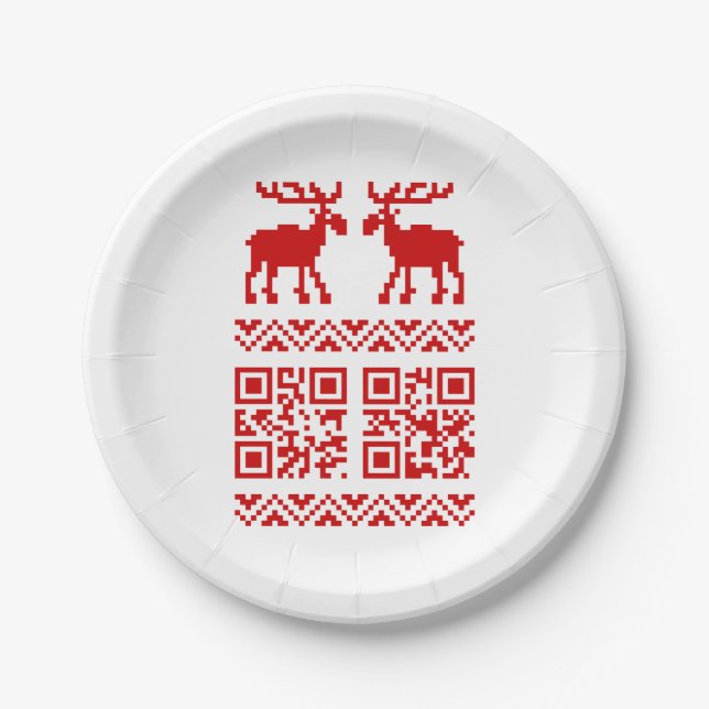 Ugly Christmas Sweater QR Code Happy New Year ! Paper Plates (Front)