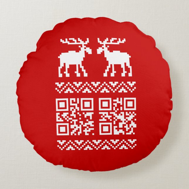 Ugly Christmas Sweater QR Code Happy New Year ! Round Pillow (Front)