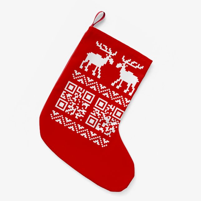 Ugly Christmas Sweater QR Code Happy New Year ! Small Christmas Stocking (Front (Hanging))