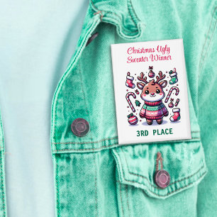 Ugly Christmas Sweater Reindeer Winner 3rd Place Button