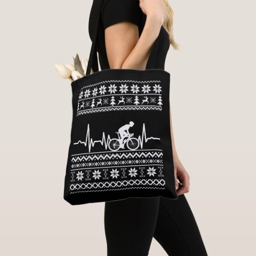 Ugly christmas sweater riding a bike tote bag