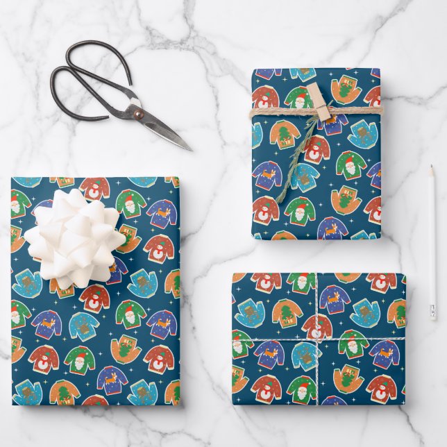 Ugly Christmas Sweater Santa Dogs Funny Gift Wrapping Paper Sheets (Front)