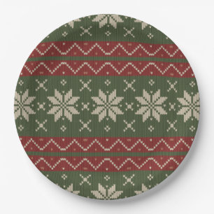 Ugly Christmas Sweater Scandinavian Knit Red Green Paper Plates