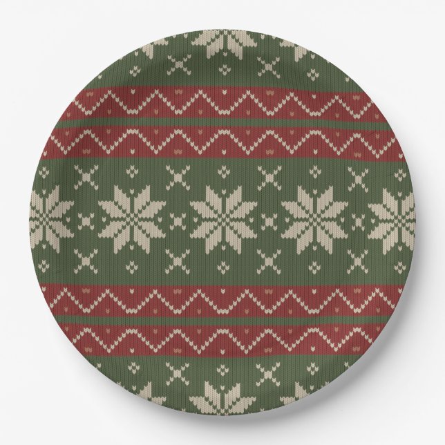 Ugly Christmas Sweater Scandinavian Knit Red Green Paper Plates (Front)