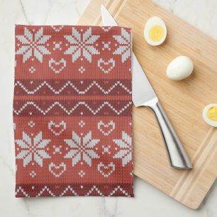 Ugly Christmas Sweater Scandinavian Knit Red Heart Kitchen Towel