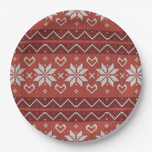 Ugly Christmas Sweater Scandinavian Knit Red Heart Paper Plates