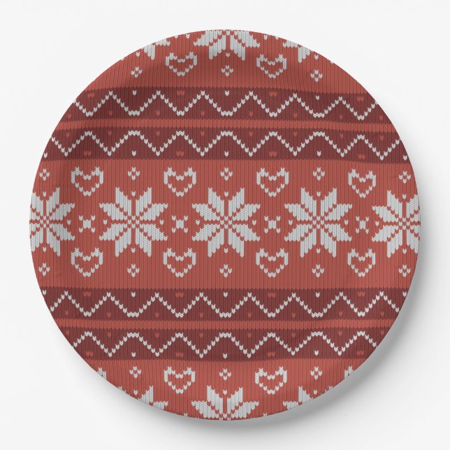 Ugly Christmas Sweater Scandinavian Knit Red Heart Paper Plates (Front)