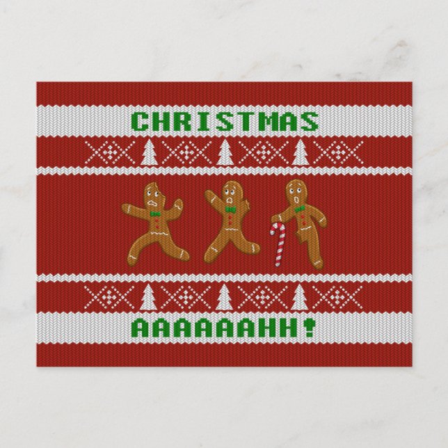 Ugly Christmas Sweater Scared Gingerbread Men Red Holiday Postcard (Front)