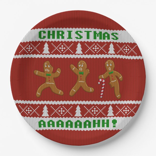 Ugly Christmas Sweater Scared Gingerbread Men Red Paper Plates (Front)