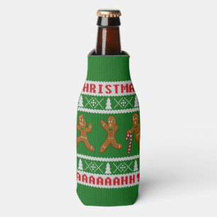 Ugly Christmas Sweater Scared Gingerbreadmen Green Bottle Cooler