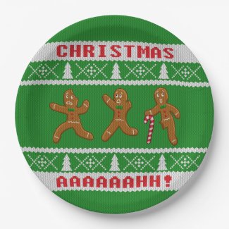 Ugly Christmas Sweater Scared Gingerbreadmen Green Paper Plate