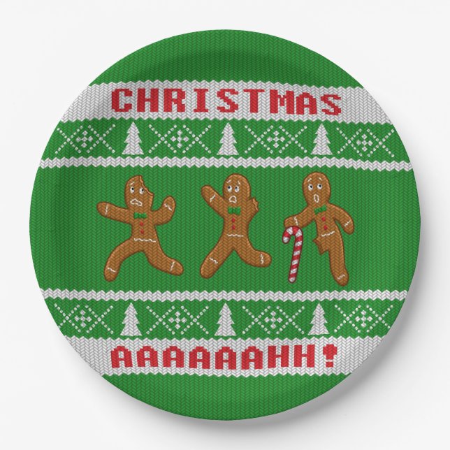 Ugly Christmas Sweater Scared Gingerbreadmen Green Paper Plates (Front)