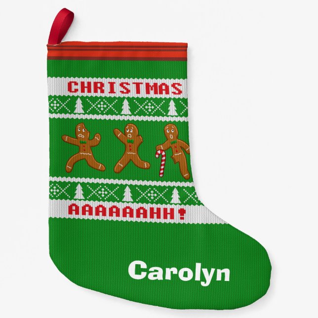 Ugly Christmas Sweater Scared Gingerbreadmen Green Small Christmas Stocking (Front)