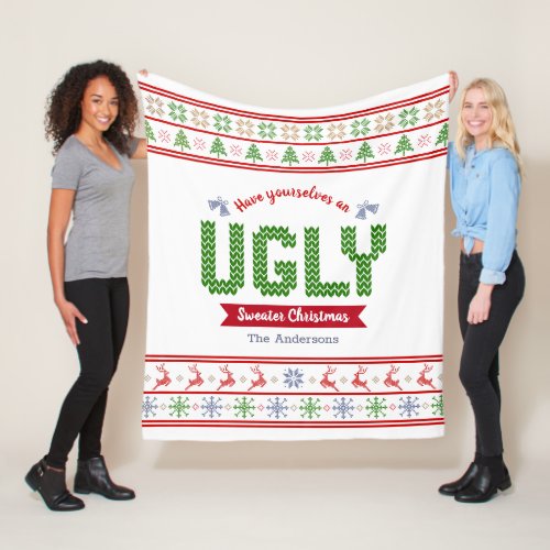 Ugly Christmas Sweater Tacky Nordic Red Green Knit Fleece Blanket