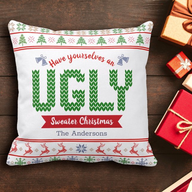 Ugly Christmas Sweater Tacky Nordic Red Green Knit Throw Pillow (Creator Uploaded)
