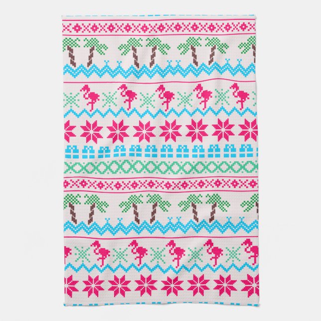 Ugly Christmas Sweater Tropical Flamingo Kitchen Towel (Vertical)
