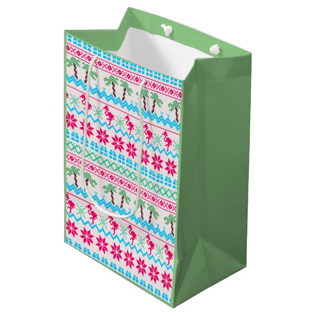 Ugly Christmas Sweater Tropical Flamingo Medium Gift Bag (Front Angled)