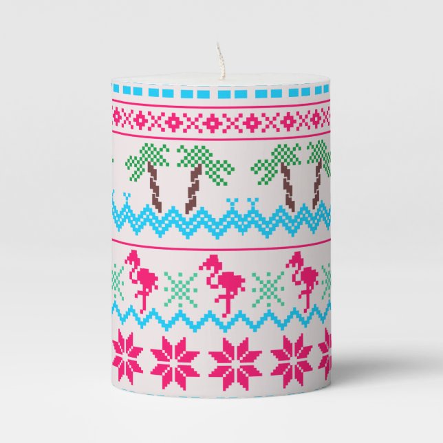 Ugly Christmas Sweater Tropical Flamingo Pillar Candle (Front)