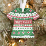 Ugly Christmas Sweater Winner Green Red Watercolor Ornament<br><div class="desc">On the front, there is an ugly Christmas sweater watercolor painted in green red and white. On a red strip on the chest, there is the message "First Place". On the back, there is only red and green text: the message "First Place" is arched above, in green caps, the message...</div>