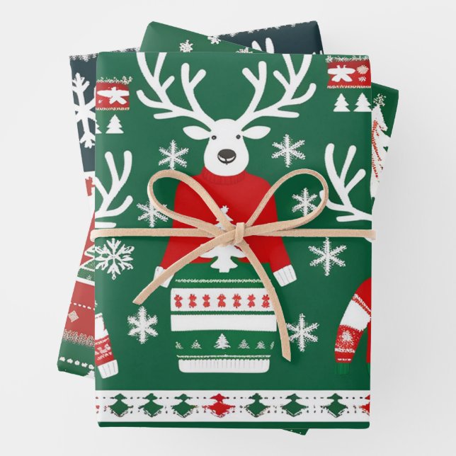 Ugly Christmas Sweater Wrapping Paper, Red & Green Wrapping Paper Sheets (In situ)