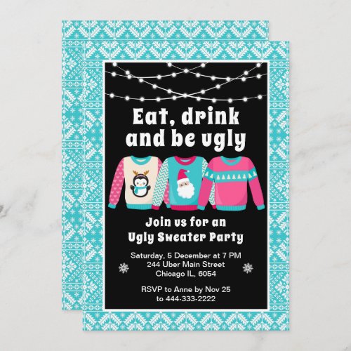 Ugly Christmas Sweaters Holiday Party Blue Invitation