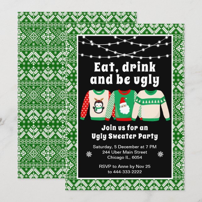 Ugly Christmas Sweaters Holiday Party Green Invitation (Front/Back)