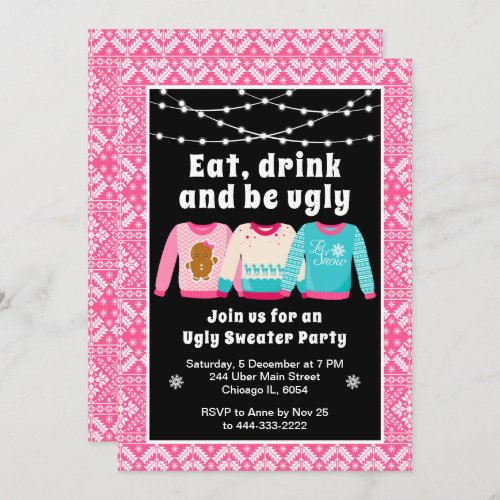 Ugly Christmas Sweaters Holiday Party Pink Invitation