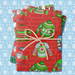 Ugly Christmas Sweaters in Red and Green 3 Wrapping Paper Sheets