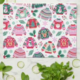 Ugly Christmas Sweaters With Santa and Reindeer Kitchen Towel