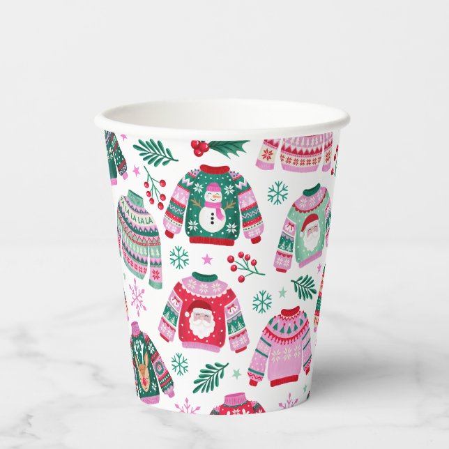 Ugly Christmas Sweaters With Santa and Reindeer Paper Cups (Front)
