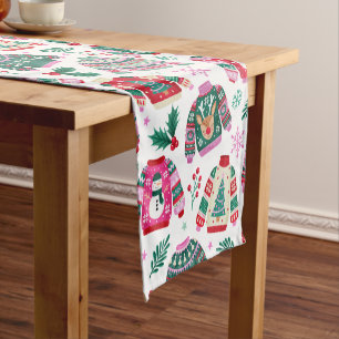 Ugly Christmas Sweaters With Santa and Reindeer Short Table Runner