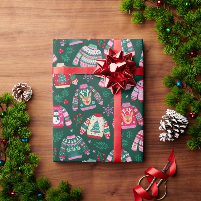 Ugly Christmas Sweaters With Santa and Reindeer Wrapping Paper (Holiday Gift)