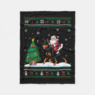 Ugly Christmas Tree Light Santa Riding Doberman Pi Fleece Blanket