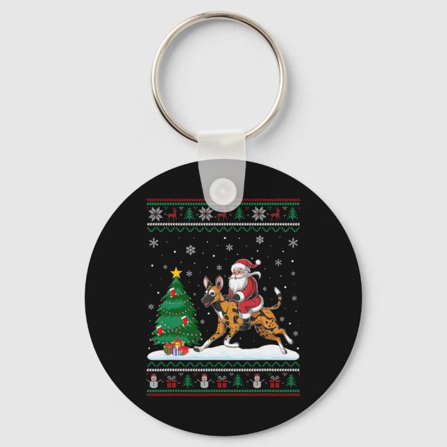 Ugly Christmas Tree Lights Santa Riding African Wi Keychain (Front)