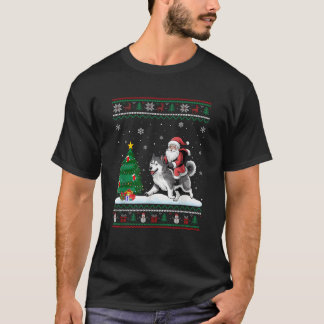 Ugly Christmas Tree Lights Santa Riding Alaskan Ma T-Shirt