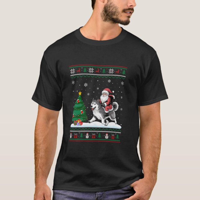 Ugly Christmas Tree Lights Santa Riding Alaskan Ma T-Shirt (Front)