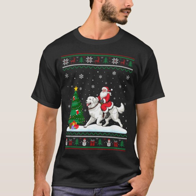 Ugly Christmas Tree Lights Santa Riding Great Pyre T-Shirt (Front)