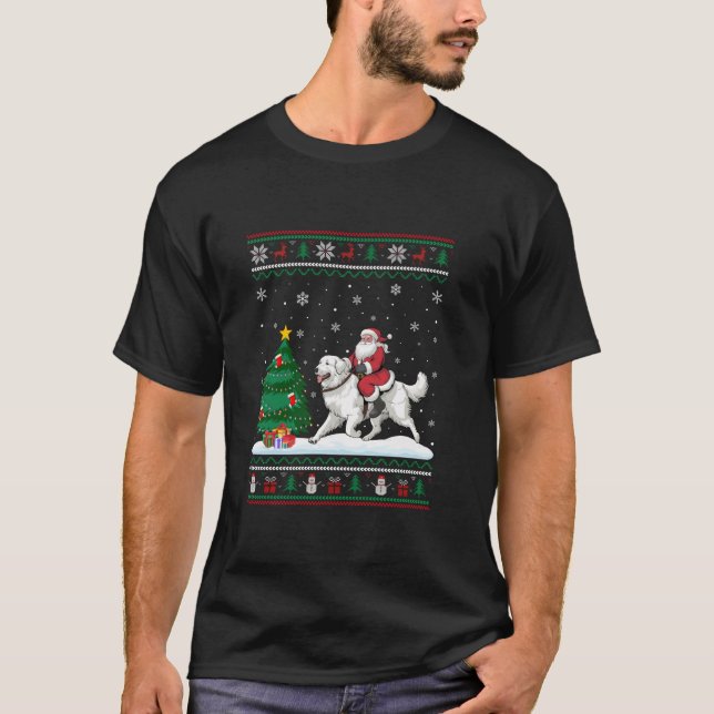 Ugly Christmas Tree Lights Santa Riding Great Pyre T-Shirt (Front)