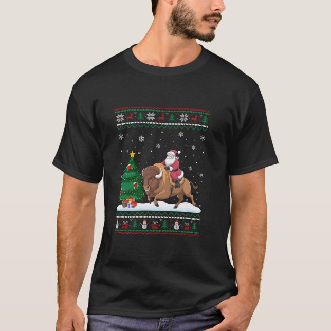 Ugly Christmas Tree Lights Xmas Santa Riding Bison T-Shirt (Front)