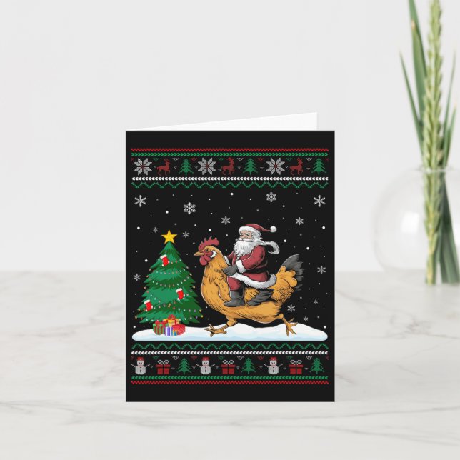 Ugly Christmas Tree Lights Xmas Santa Riding Chick Card (Front)