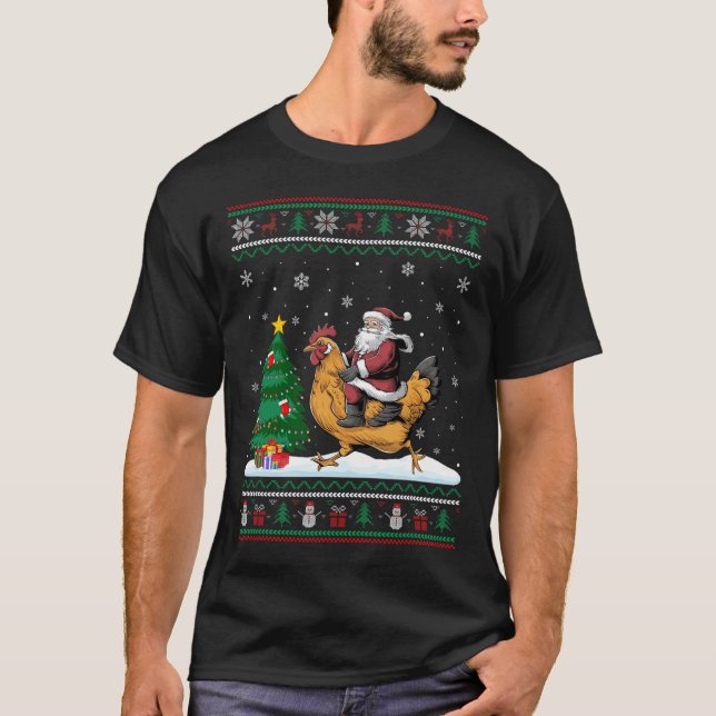 Ugly Christmas Tree Lights Xmas Santa Riding Chick T-Shirt (Front)